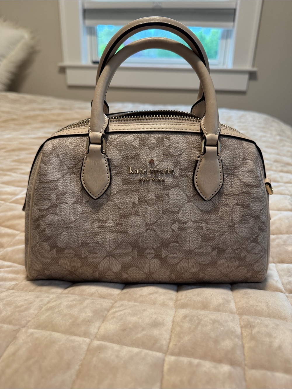 kate spade Cream and Light Gray Floral Logo Satchel - Picture 3 of 4